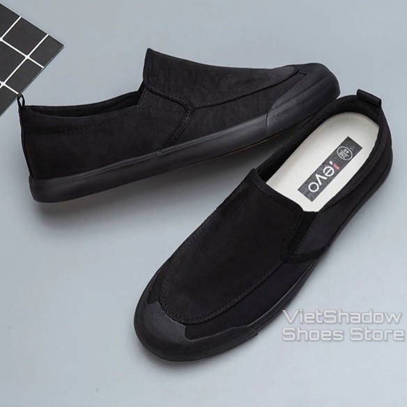 Slip on nam LEYO - Giày lười vải nam - Vải polyester 3 màu đen full, đen đế trắng và xám  - Mã SP A1109
