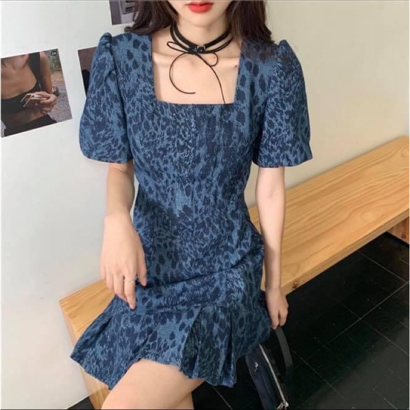 Đầm kiểu ngắn nữ tay ngắn suông dáng xoè peplum hoạ tiết chấm bi vằn beo - Order taobao quảng châu