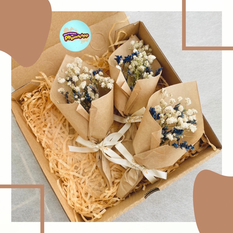 Combo 3 Bó hoa khô mini, trang trí hộp quà, decor, xanh navy