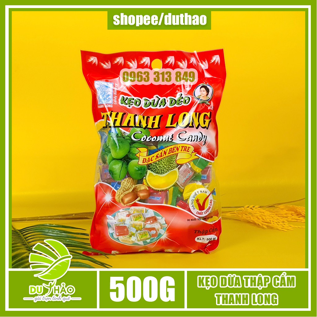 Kẹo dừa thập cẩm thanh long nhiều vị túi 500g, kẹo dừa Bến Tre, bánh kẹo ăn vặt