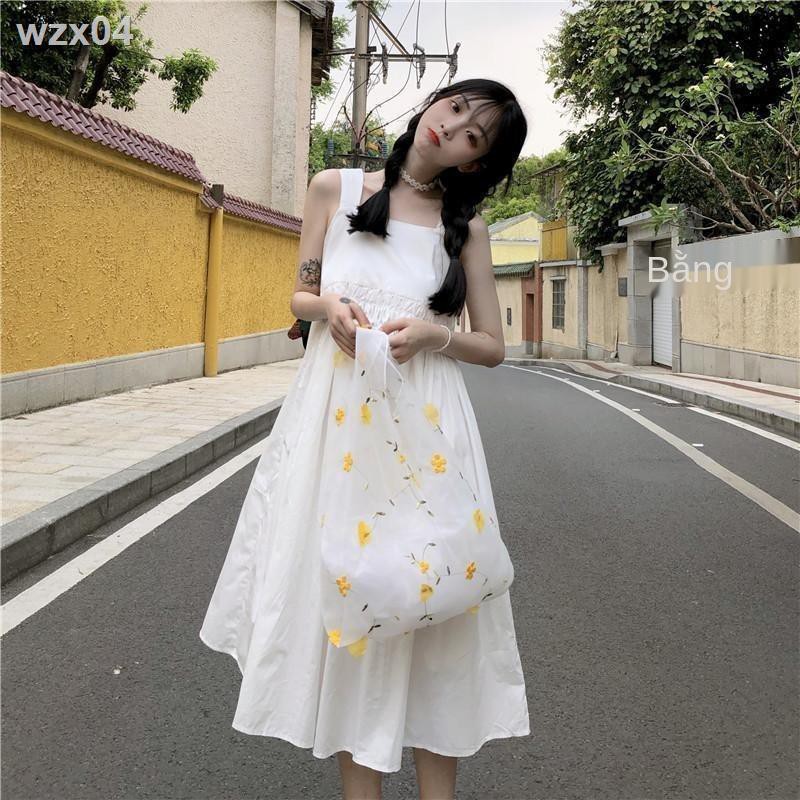 Váy mới nữ sinh năm 2021 Khí chất phong cách Hàn Quốc mỏng hở lưng dây trễ vai thắt nơ mùa hè