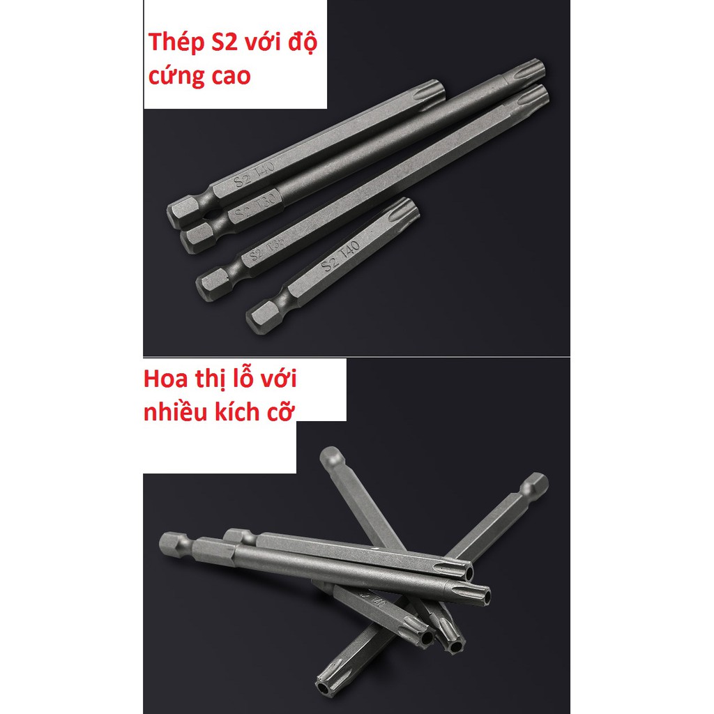 Bộ lục giác hoa thị có lỗ cho khoan dài từ 50-75-100-150-200mmmm cho khoan pin và khoan điện chất liệu thép S2 siêu cứng