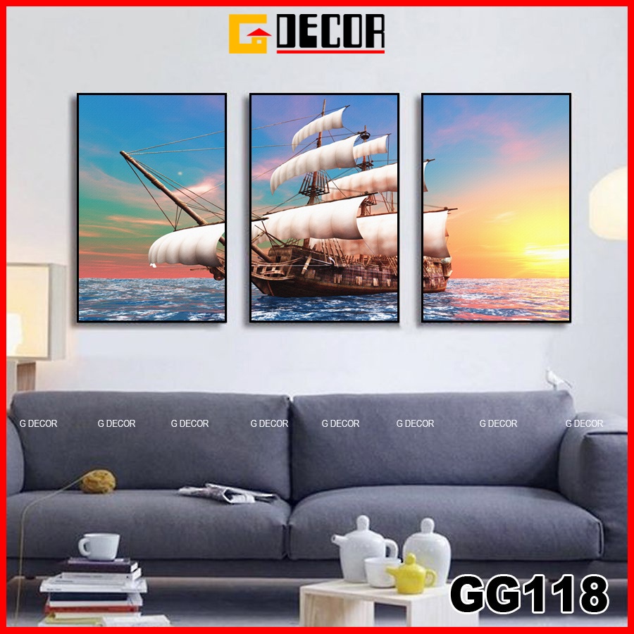 Tranh treo tường canvas khung gỗ 3 bức phong cách hiện đại Bắc Âu tranh phong cảnh trang trí phòng khách phòng ngủ 118