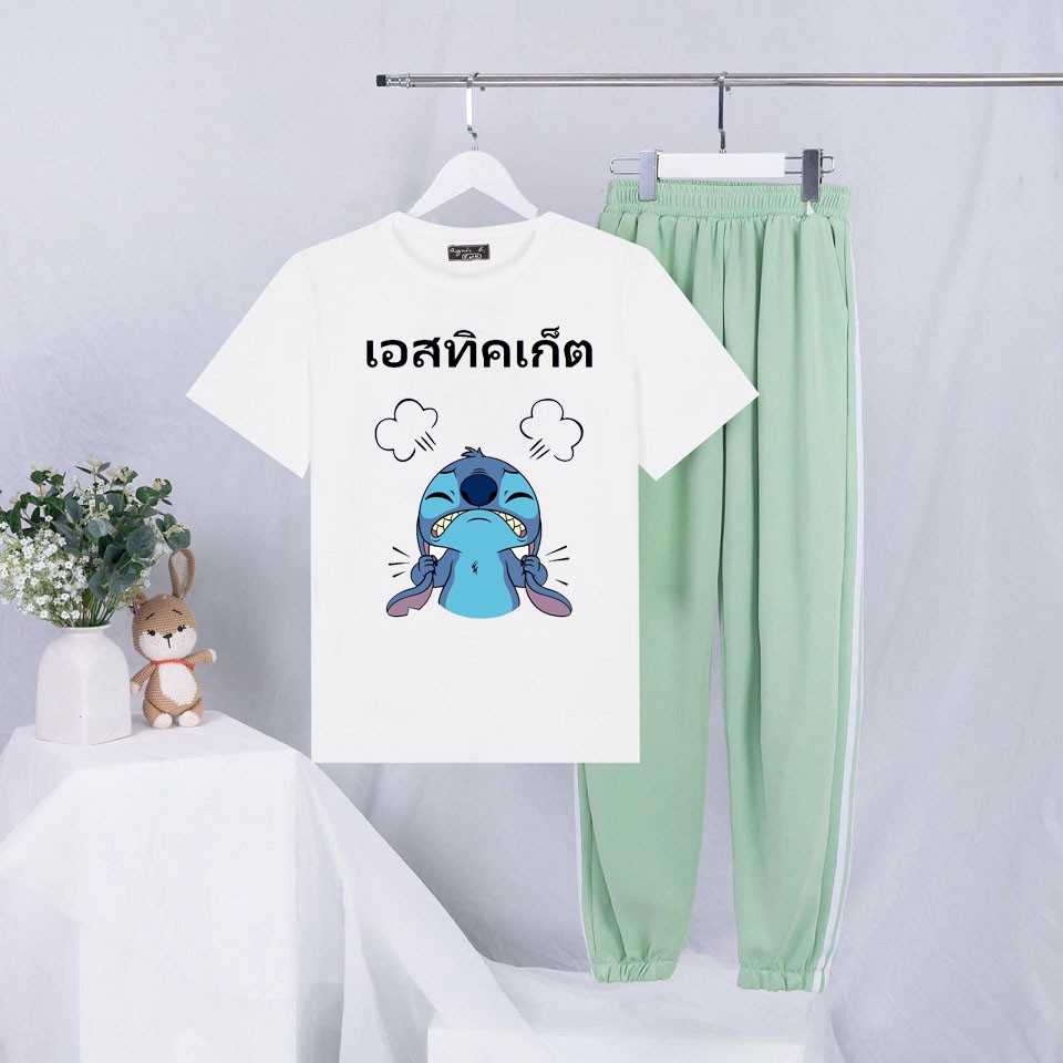 Sét Bộ Đồ Nữ Mặc Đi Chơi Dạo Phố Mùa Hè, Áo Phông Cotton In Thú Kéo Tai Kèm Quần Thun Bo Gấu Phong Cách Teen Hàn Quốc