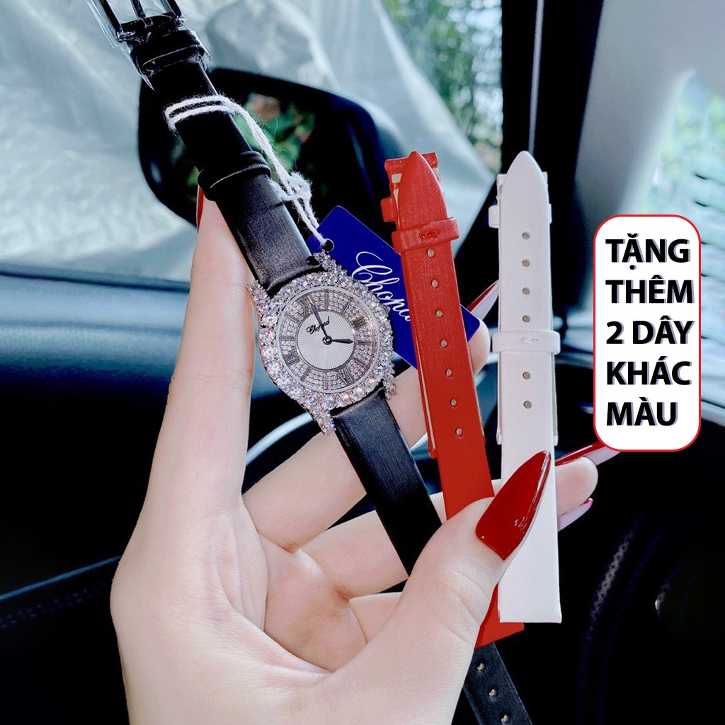 [TẶNG 2 DÂY DA] Đồng hồ nữ Chopard dây da mặt đính Swarovski sang trọng full box - Bảo Hành 24 tháng, chống nước 5ATM