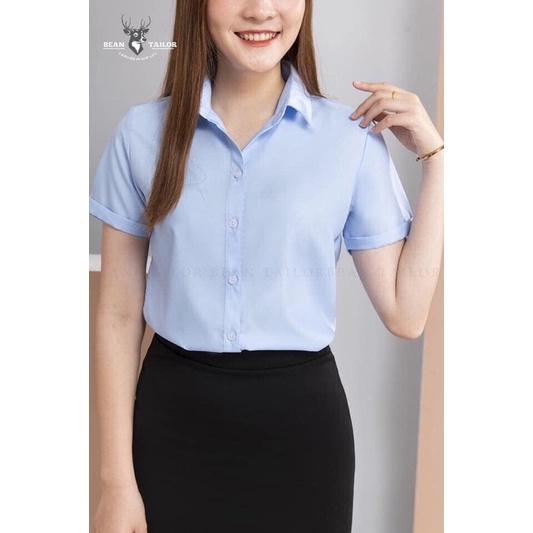Sơmi cộc tay công sở áo nữ màu xanh nhạt đồng phục đi làm, đi học áo kiểu xinh - NUNGAN