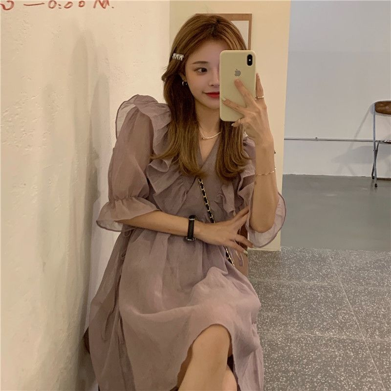 Đầm tay ngắn dáng chữ A phong cách thời trang mùa hè mới 2021