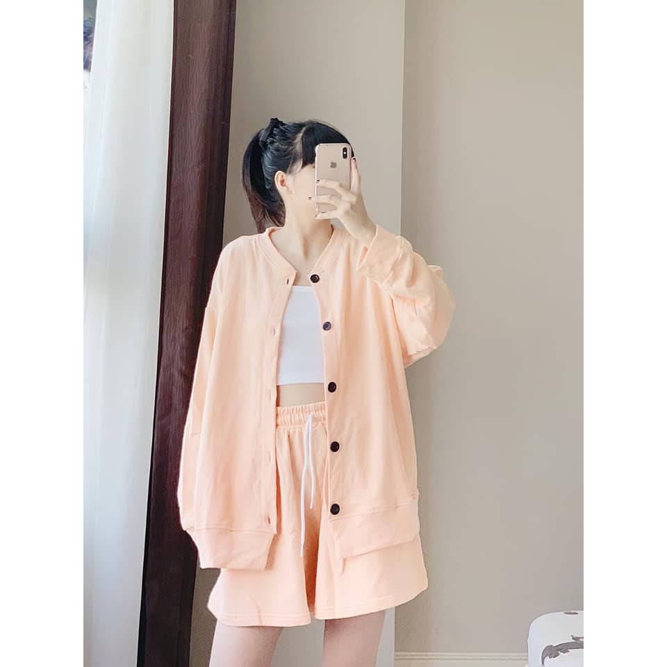 Set Cardigan YAYSHOP dáng rộng basic chất nỉ bông mềm dày dặn - 3 sản phẩm (Áo cardigan + short + bra)