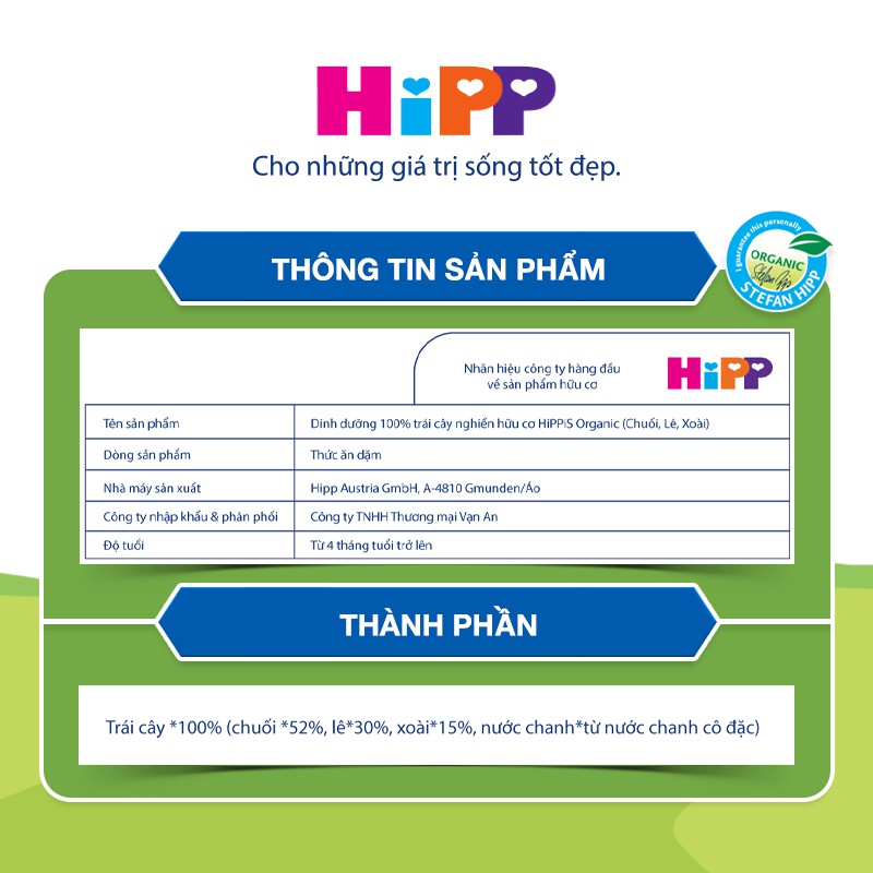 [Mã LTP50 giảm 50000 đơn 150000] Dinh dưỡng 100% Trái cây nghiền Organic HiPPiS Chuối, Lê, Xoài 100g