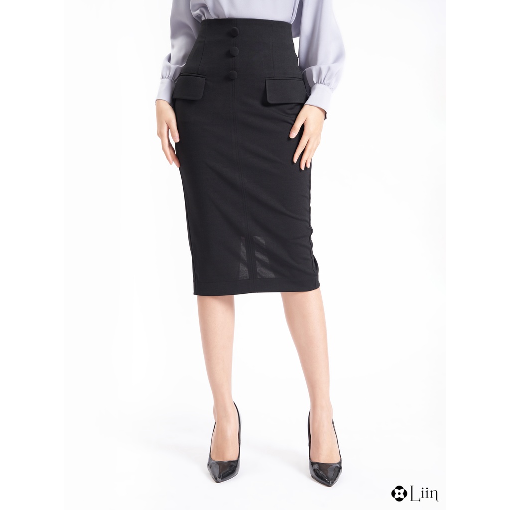 Chân váy công sở Linbi màu đen 3 cúc bọc kiểu dáng trẻ trung, thanh lịch liin clothing J4265