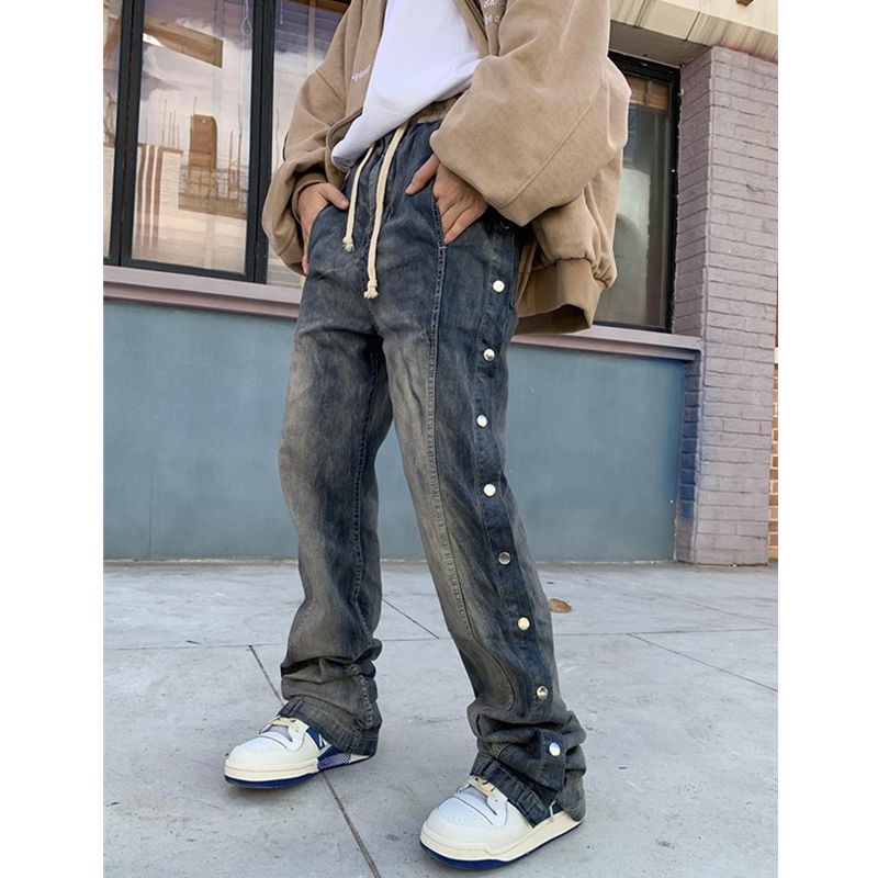 Quần jean ống rộng unisex sọc cúc giả eo chun phong cách đường phố dễ phối đồ