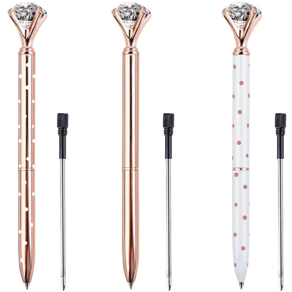 Set 3 Bút Bi Vỏ Kim Loại Đính Đá Lấp Lánh Kèm 3 Ruột Thay Thế