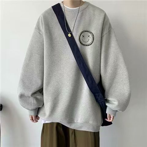 Áo sweater cổ tròn form rộng in hình mặt cười