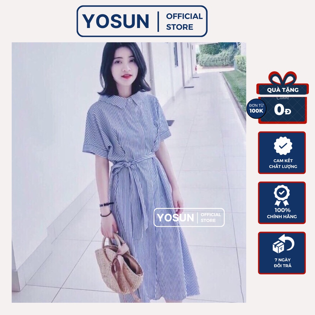 Đầm Nữ Công Sở Cổ Sơ Mi Họa Tiết Sọc Xanh Thắt Nơ Eo Thanh Lịch, Váy Tay Ngắn Dáng Xòe Thục Nữ Màu Xanh