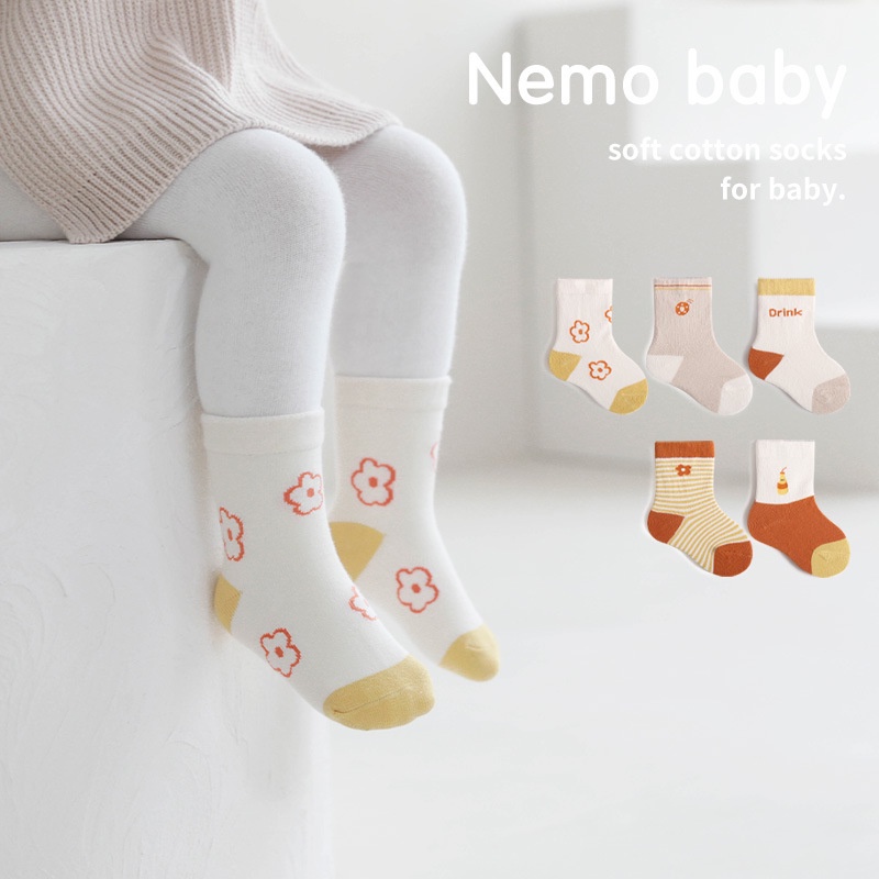 Set 5 đôi vớ KOKOROCARE cotton cổ vừa thoáng khí in hoa dễ thương thời trang thu đông 2022 cho bé 0-8 tuổi size S/ M/ L