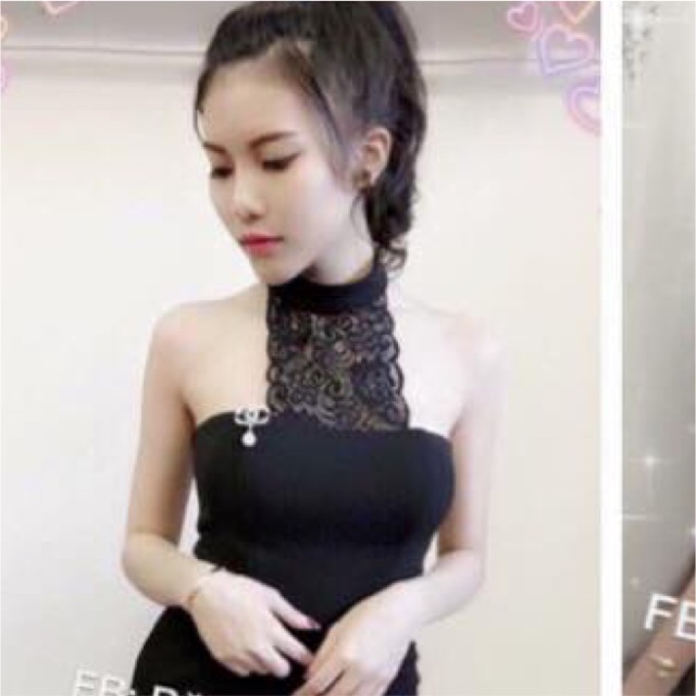 Đầm len body phối cổ ren