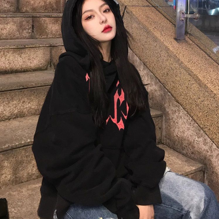 Áo hoodie dáng rộng phong cách đường phố Mỹ màu đen