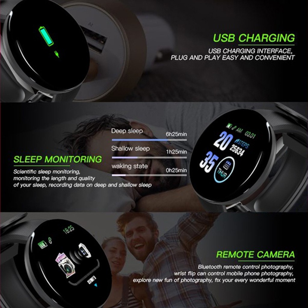 Đồng hồ thông minh đeo tay D18 có màn hình màu hỗ trợ theo dõi sức khỏe chất lượng cao