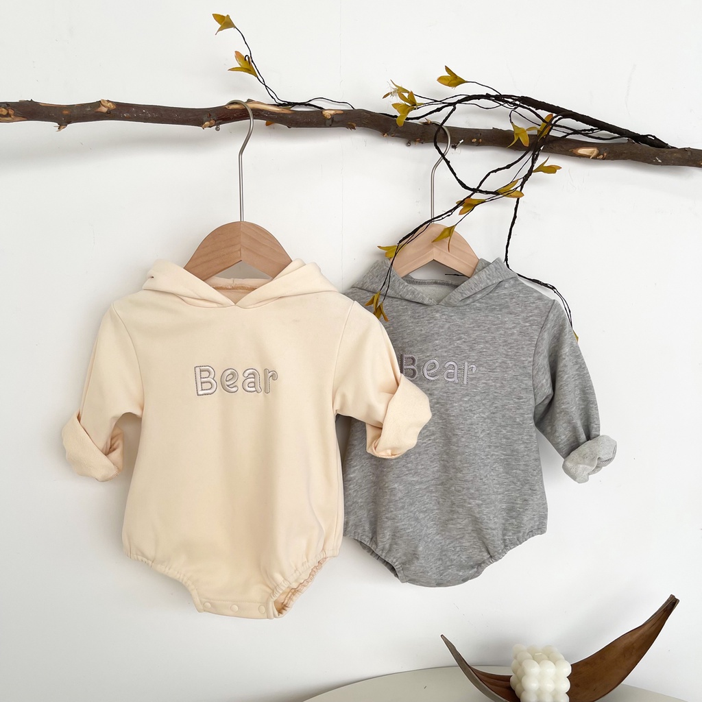 Áo liền quần dài tay có mũ trùm đầu thiết kế kiểu tai gấu hoạt hình dành cho trẻ em