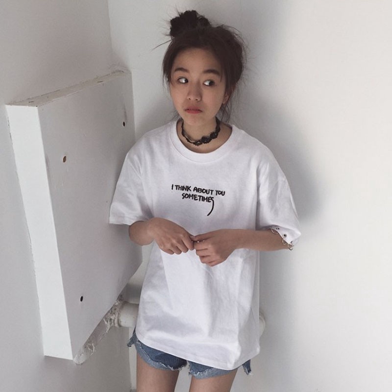 IELGY Korean version of Harajuku style hoop loose letters embroidered short sleeve T-shirt