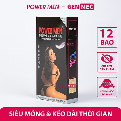 Bao Cao Su Siêu Mỏng Power Men Long Shock & Super Thin - Kéo Dài Thời Gian Quan Hệ - BCS PowerMen Hộp 12 bao - Genmec