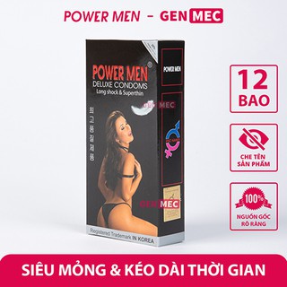 Bao Cao Su Siêu Mỏng Power Men Long Shock & Super Thin  - Kéo Dài Thời Gian Quan Hệ - BCS PowerMen Hộp 12 bao - Genmec