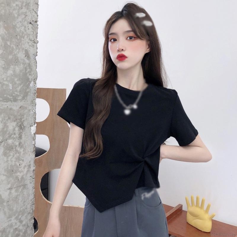 Áo thun tay ngắn cổ tròn màu trơn thiết kế lệch tà phong cách trẻ trung cho nữ