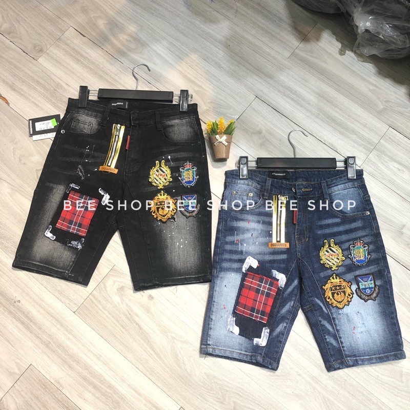 Quần bò ngố nam Dsq đính huy hiệu vá đỏ , quần jean nam, quần short bò 4 logo - Bee Shop