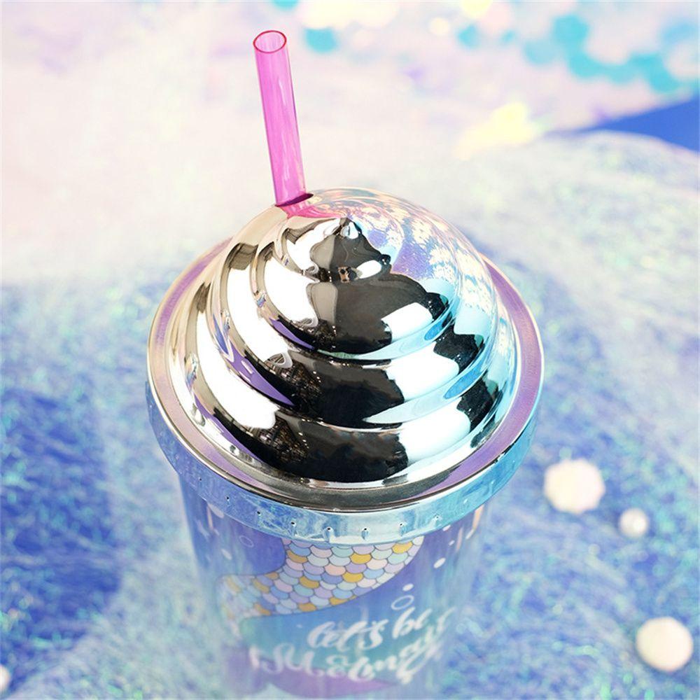 KUNHEV Bình Nước 420ml Hai Lớp Họa Tiết Nàng Tiên Cá Lấp Lánh Kèm Ống Hút