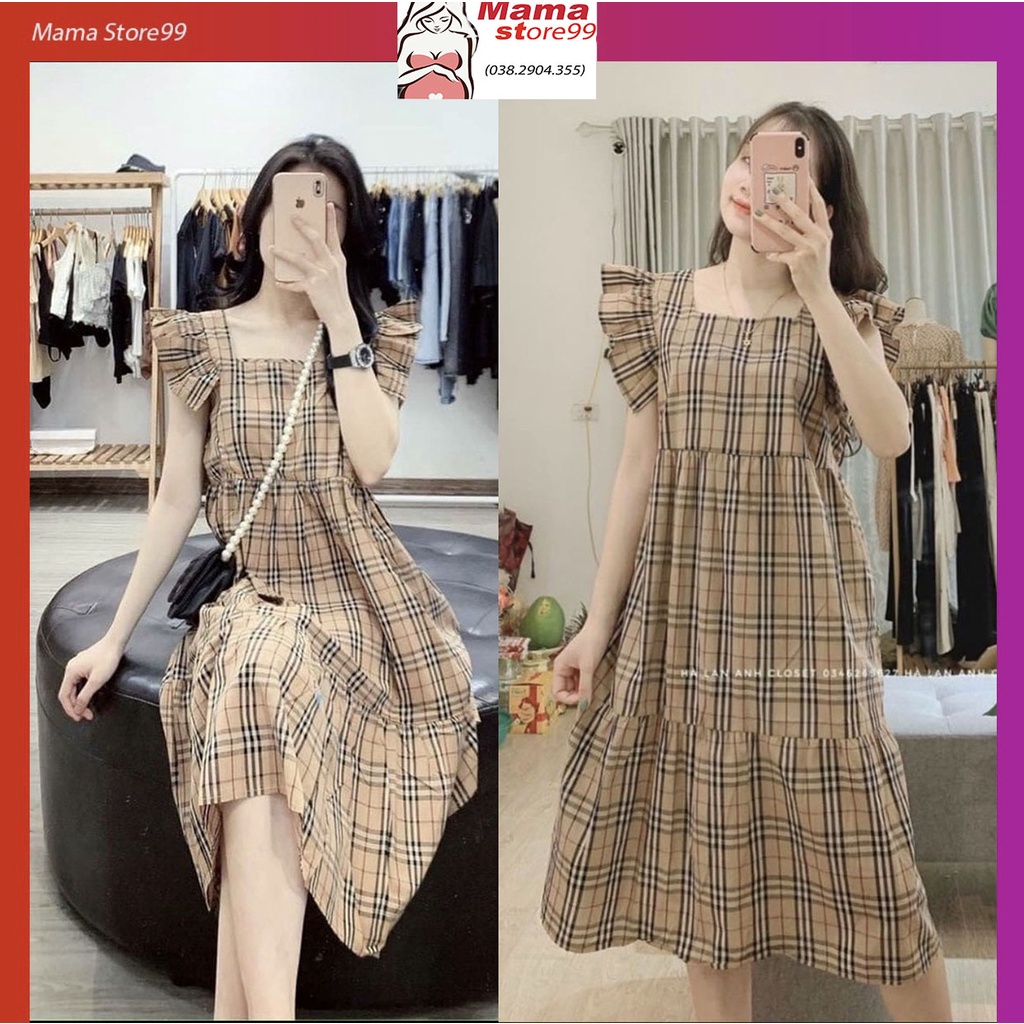 Váy Bầu Mùa Hè Caro Thiết Kế Tay Bèo Dáng Suông. Đầm Bầu Dạo Phố Đi Chơi Đẹp HN0220 Mama Store99