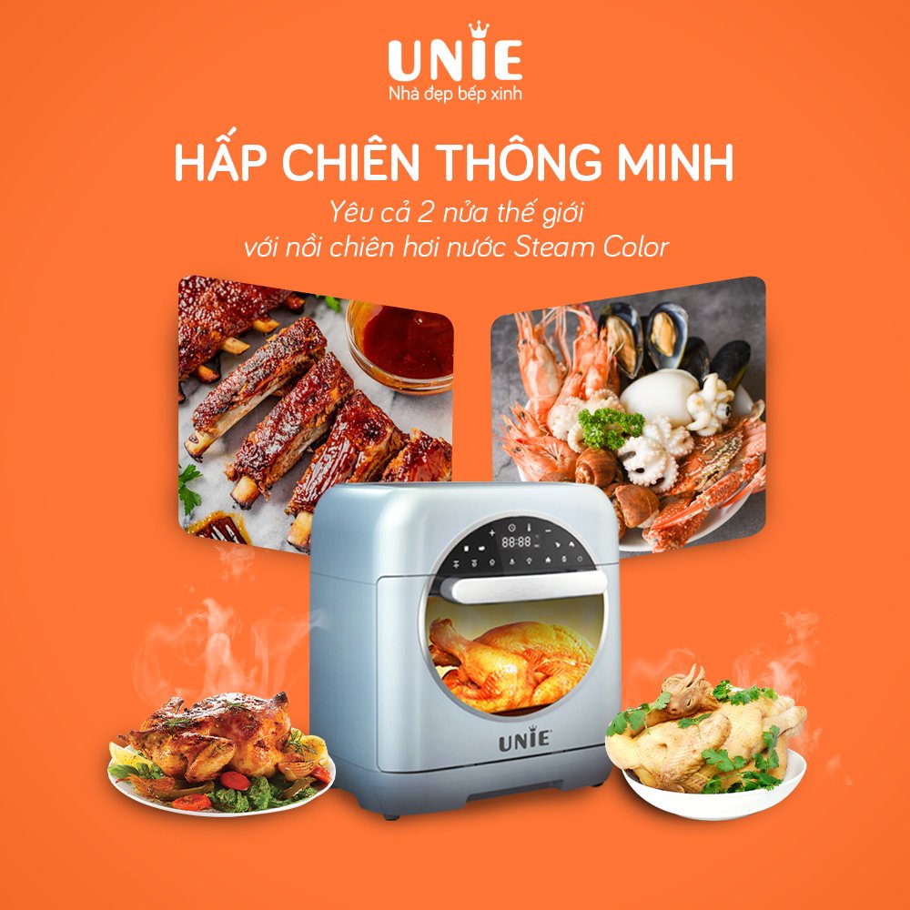 Nồi chiên không dầu hơi nước UNIE STEAM COLOR, Tính năng đa dạng : Chiên,Hấp,Nướng, Cửa kính 2 lớp, Bảo hành 12 tháng