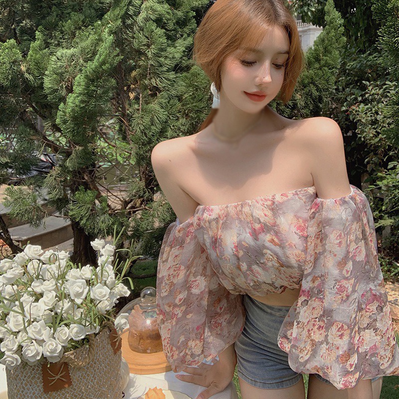 Áo voan hoa trễ vai tay phồng xinh xắn thời trang | BigBuy360 - bigbuy360.vn