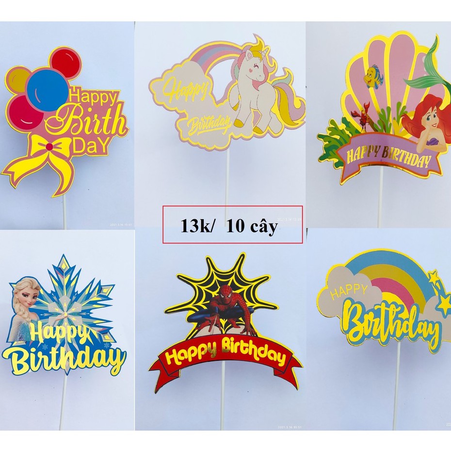 Set 10 hình giấy Happy birthday ánh kim trang trí bánh kem bánh sinh nhật