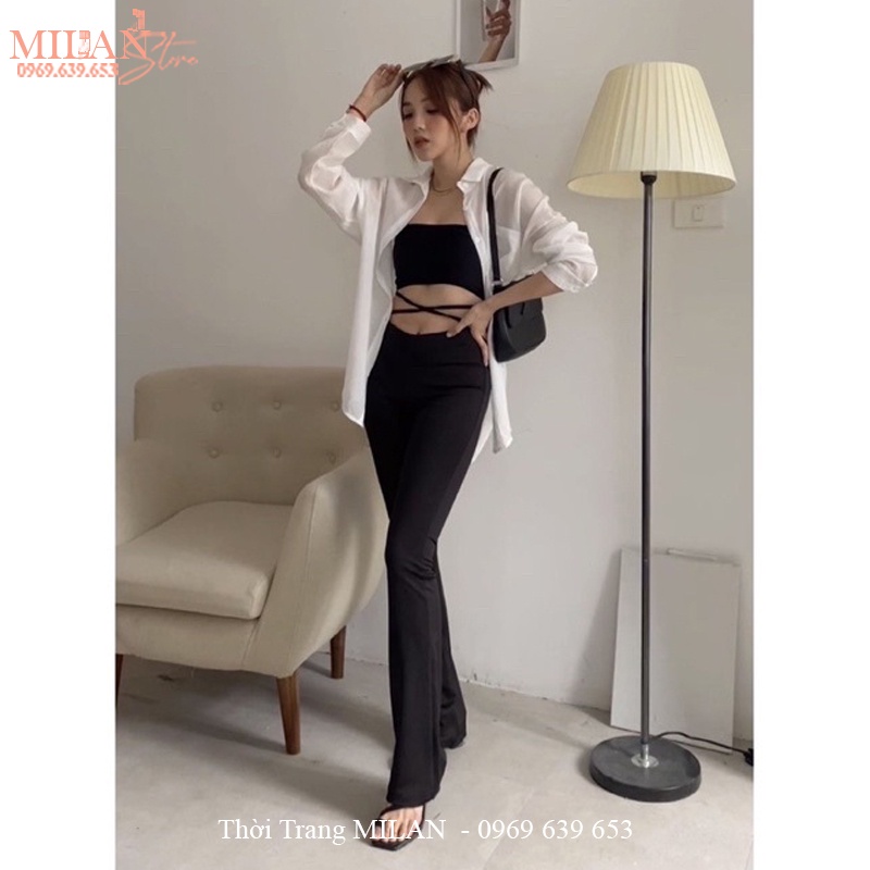 Quần ống loe nữ cạp lưng cao co giãn bigsize có dây eo dáng quần legging nữ ống loe rộng vải ôm body mặc công sở đi học