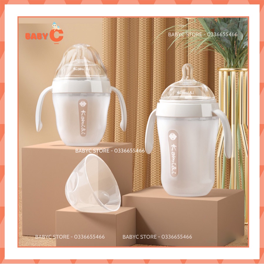 Bình sữa Kamidi Silicon trắng Chính Hãng, bình sữa tay cầm có ống trợ ti chống sặc cho bé dung tích 150ml/250ml - BabyC
