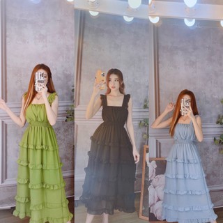 Đầm maxi tay cánh tiên phối tầng, đầm đi biển, đi tiệc + hình thật mẫu mặc