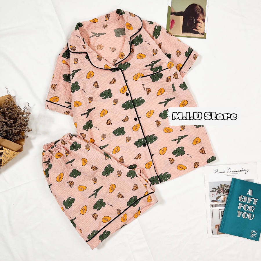 Bộ Ngủ Pijama Mặc Nhà Cộc Tay Chất Đũi Xốp Thoáng Mát Thấm Hút Mồ Hôi Siêu Tốt Họa Tiết Dễ Thương