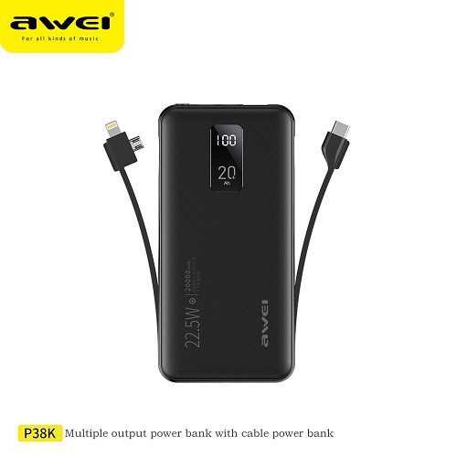 Sạc Dự Phòng Awei P38K 20000mAh 22.5W Hỗ Trợ Sạc Nhanh Cho Điện Thoại Kèm Cáp