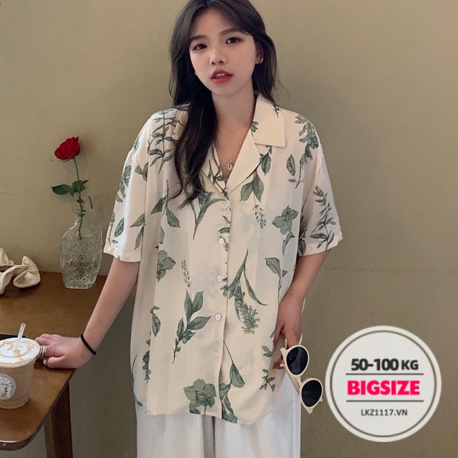 Áo sơ mi nữ Bigsize Áo in hình hoạ tiết form rộng tay ngắn có cổ mùa hè Phong cách Hàn Quốc Thời Trang tiểu thư cá tính xinh đẹp cho người mập béo