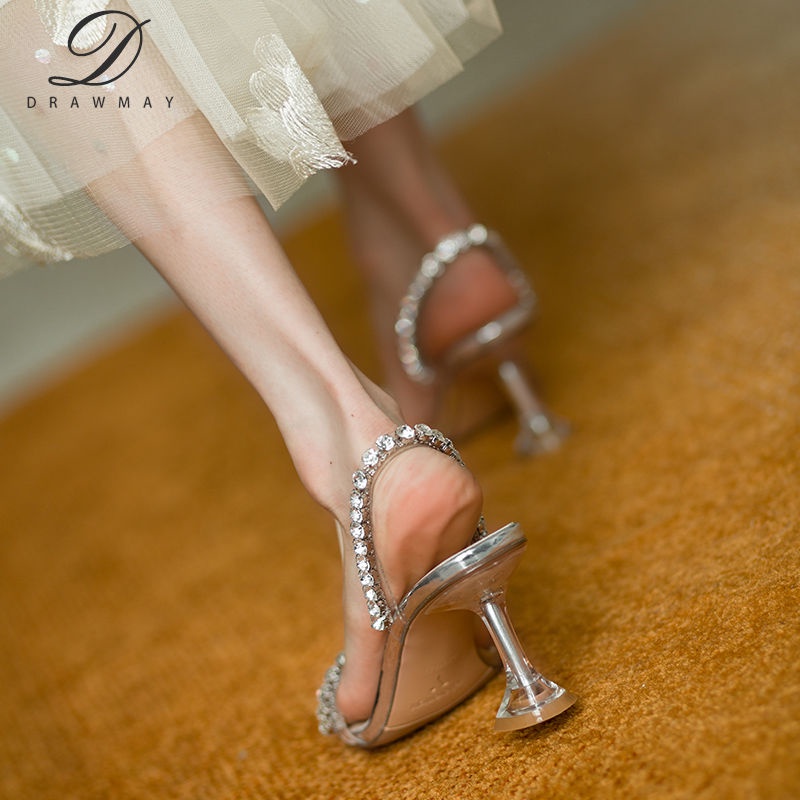 Women's Double-wear rhinestone sandals with left man summer outdoor wear internet celebrity sandals open toe one-line slippers square toe high heel shoes with thin heel YGUG