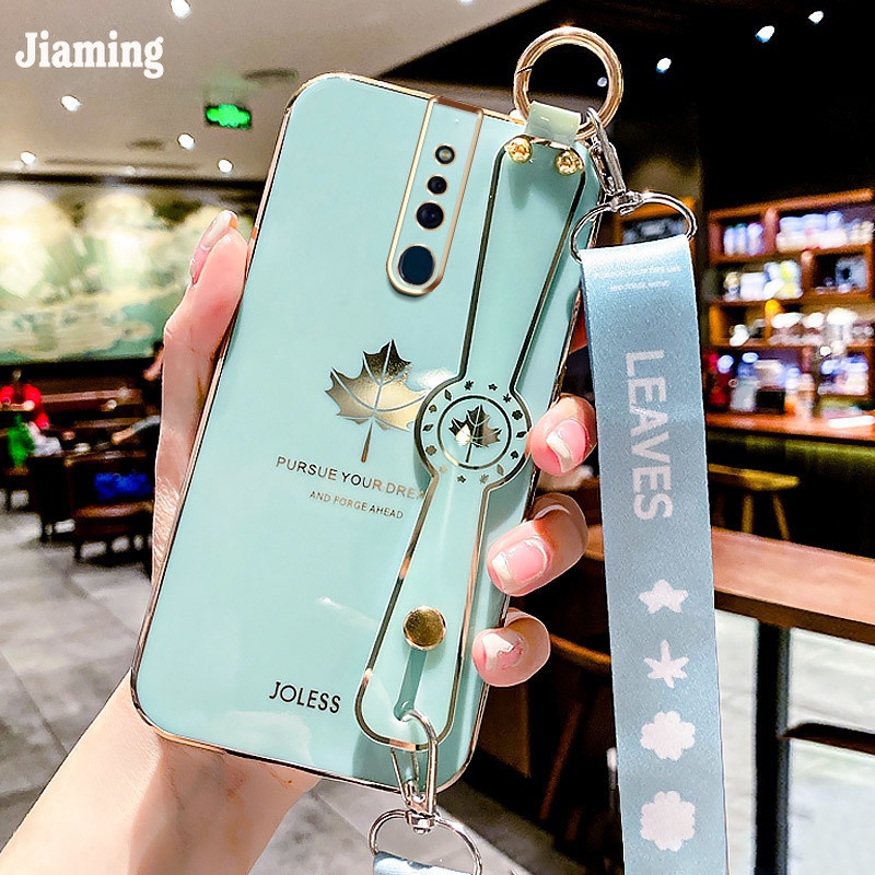 Ốp Điện Thoại Viền Lá Phong Mạ Điện Sang Trọng + Dây Đeo + Vòng Tay Cho OPPO F11 Pro
