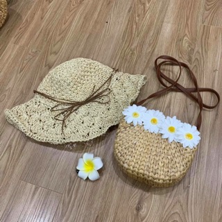 Mũ cói đan mềm nơ mảnh