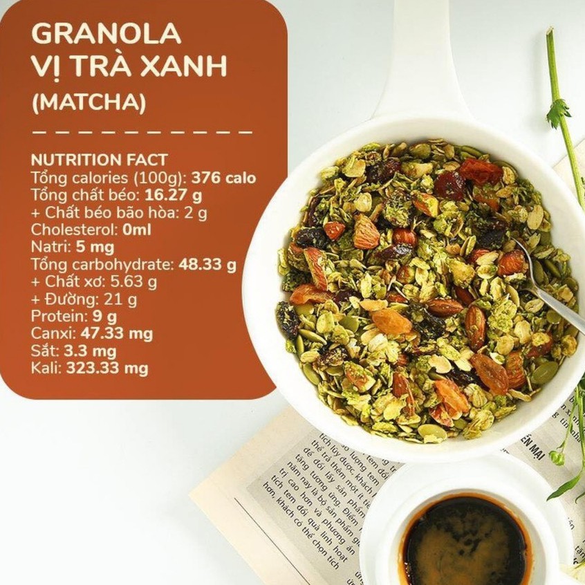 Granola Homemade Vị Matcha Nhiều Hạt - Giảm Cân, Ăn Kiêng, Dinh Dưỡng Buổi Sáng 500g + tặng thìa gỗ hương cao cấp