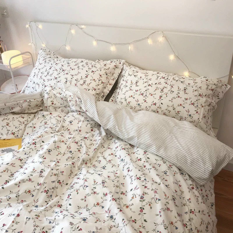 Bộ chăn ga và vỏ gối cotton living cao cấp Mùa Decor - Hoa hồng nhí