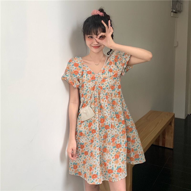 Đầm tay phồng cổ chữ V phong cách Pháp thanh lịch thời trang