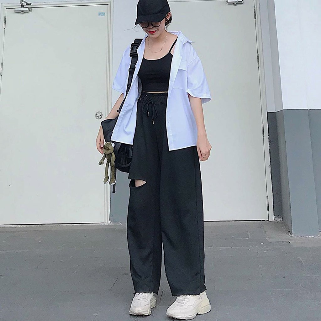 Quần Ống Rộng Nữ Rách Gối IRU LAI TƯA Unisex Thun - Kiểu quần ống rộng cạp cao nữ Leevin Store | BigBuy360 - bigbuy360.vn