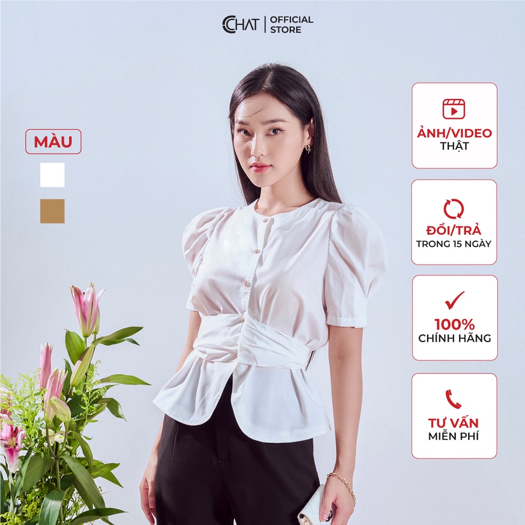 Áo Sơ Mi Nữ 𝐂𝐂𝐇𝐀𝐓 Kiểu Cổ Tròn Eo Buộc Nơ Cao Cấp Phong Cách Trẻ Trung Thanh Lịch 12FNT2011ST