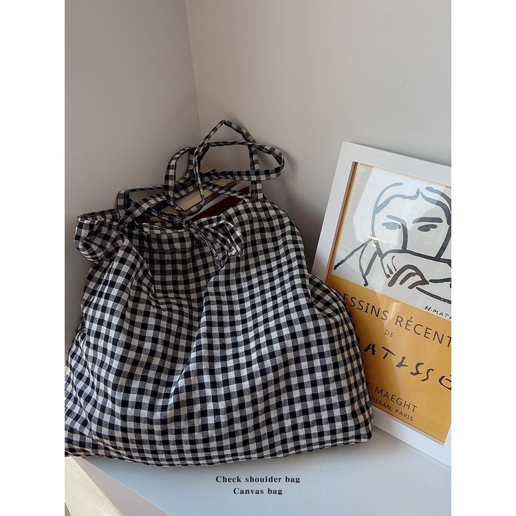 Túi Xách Vải cotton Lanh Phối Ren Kẻ Sọc Caro Phong Cách retro Hàn Quốc Cho Nữ