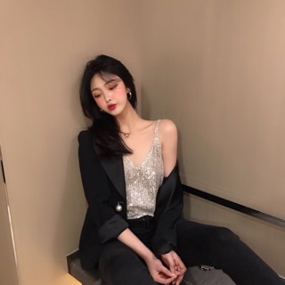 Áo hai dây 2 dây croptop bling nhũ lấp lánh cổ chữ V