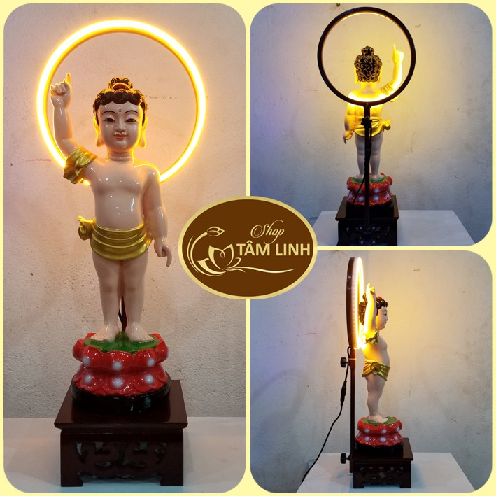 Tượng Đản Sanh cao 38 cm+Hào Quang Led cao 54 cm + Đôn gỗ vuông 14cm Mẫu Kệ Đèn Đẹp GIÁ SIÊU RẺ